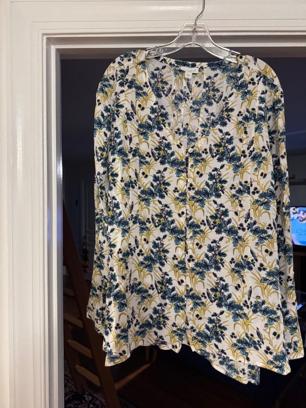 J. Jill White Button-Down Blouse with Blue & Yellow Floral Print size XL
